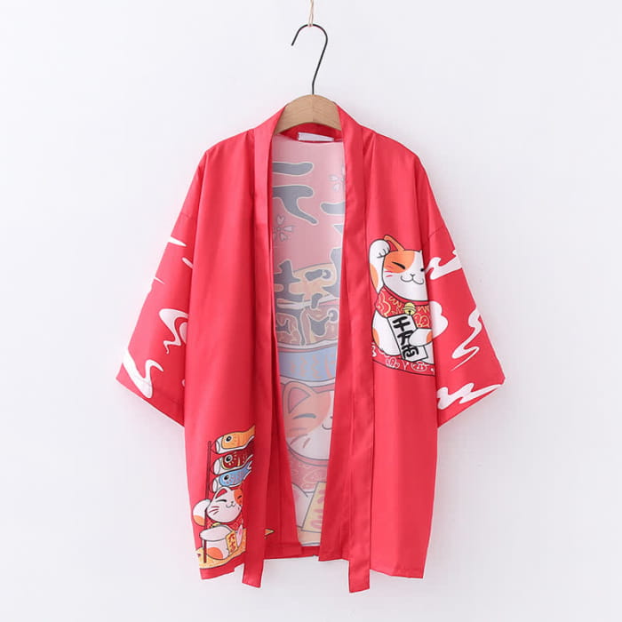 Lucky Cat Print Cardigan Kimono Outerwear - Red / One Size