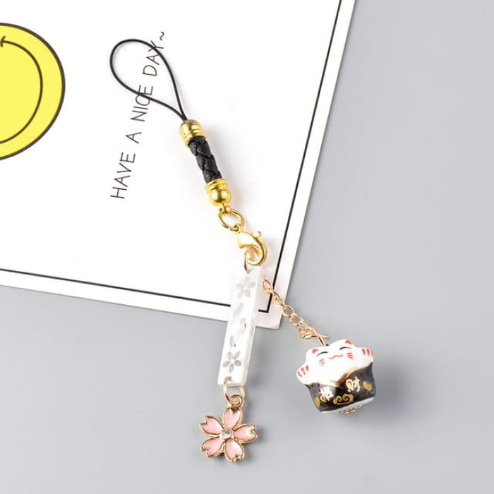 Lucky Cat Sakura Phone Charm - Black / One Size