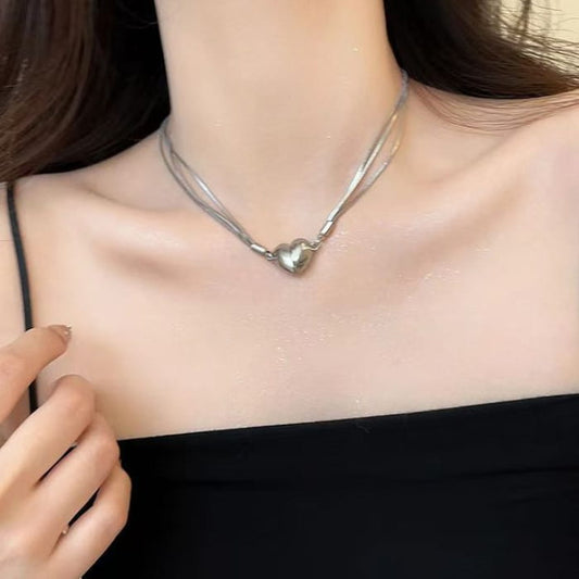 Magnetic Heart Pendant Layered Alloy Choker