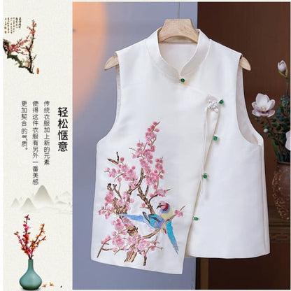 Mandarin Collar Embroidered Bird Floral Button Vest