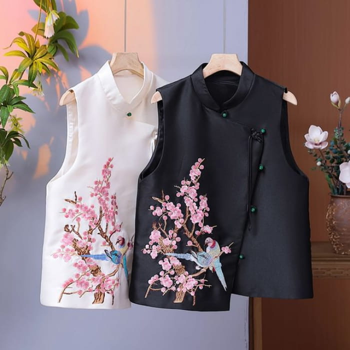 Mandarin Collar Embroidered Bird Floral Button Vest