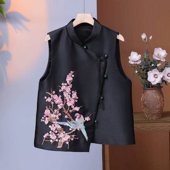 Mandarin Collar Embroidered Bird Floral Button Vest - Black