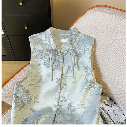 Mandarin Collar Floral Jacquard Frog Closure Vest - Clothing