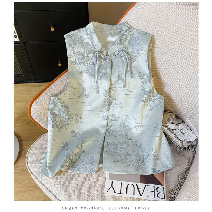 Mandarin Collar Floral Jacquard Frog Closure Vest - Clothing