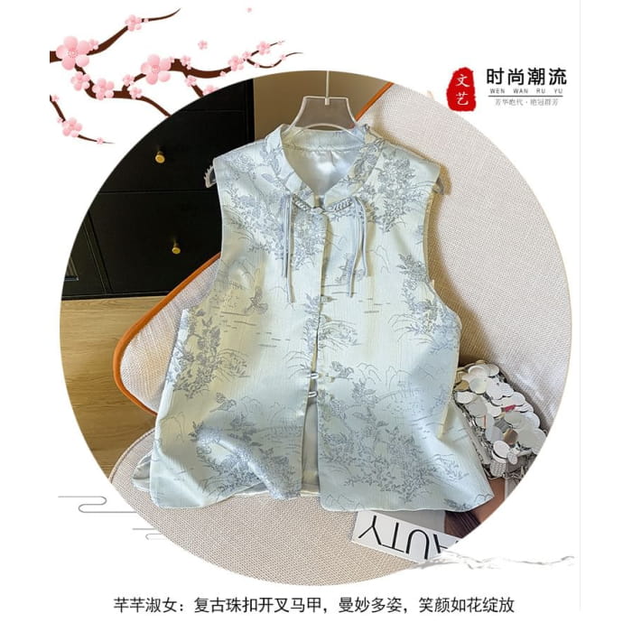 Mandarin Collar Floral Jacquard Frog Closure Vest - Clothing