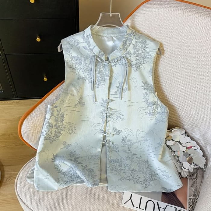 Mandarin Collar Floral Jacquard Frog Closure Vest - Silver