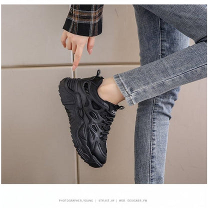 Mesh Panel Lace-Up Platform Sneakers - Shoes