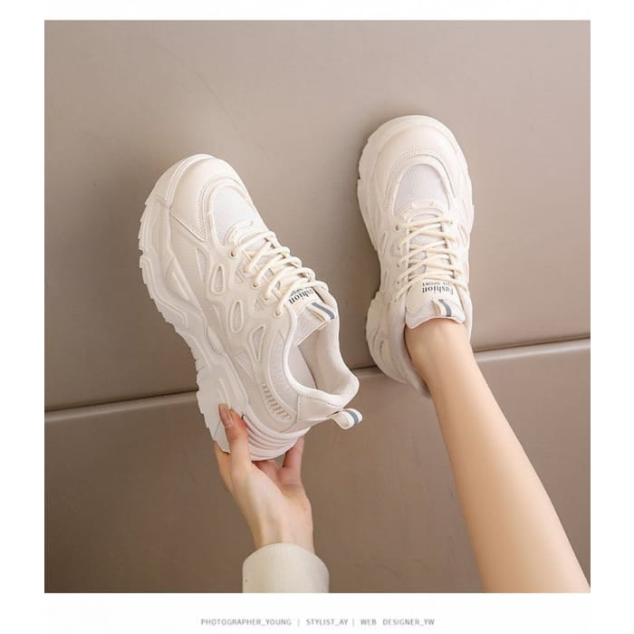 Mesh Panel Lace-Up Platform Sneakers - Shoes