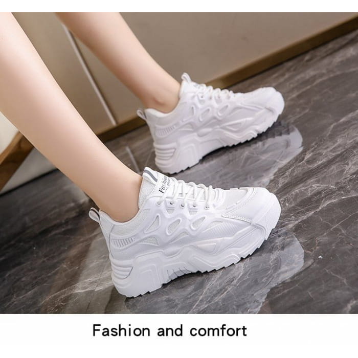 Mesh Panel Lace-Up Platform Sneakers - Shoes