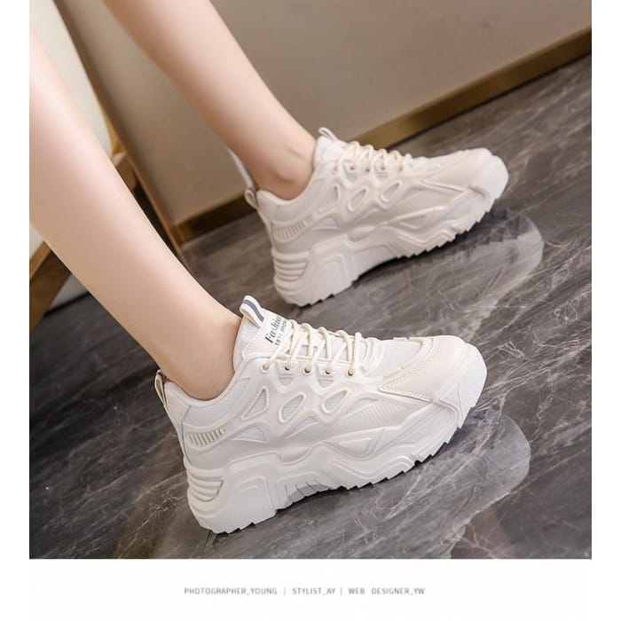 Mesh Panel Lace-Up Platform Sneakers - Shoes