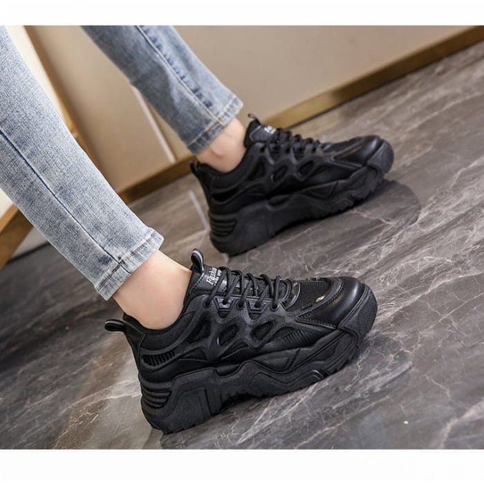 Mesh Panel Lace-Up Platform Sneakers - Shoes