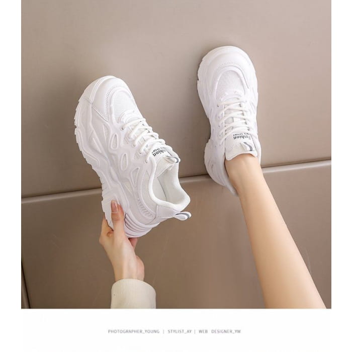 Mesh Panel Lace-Up Platform Sneakers - Shoes