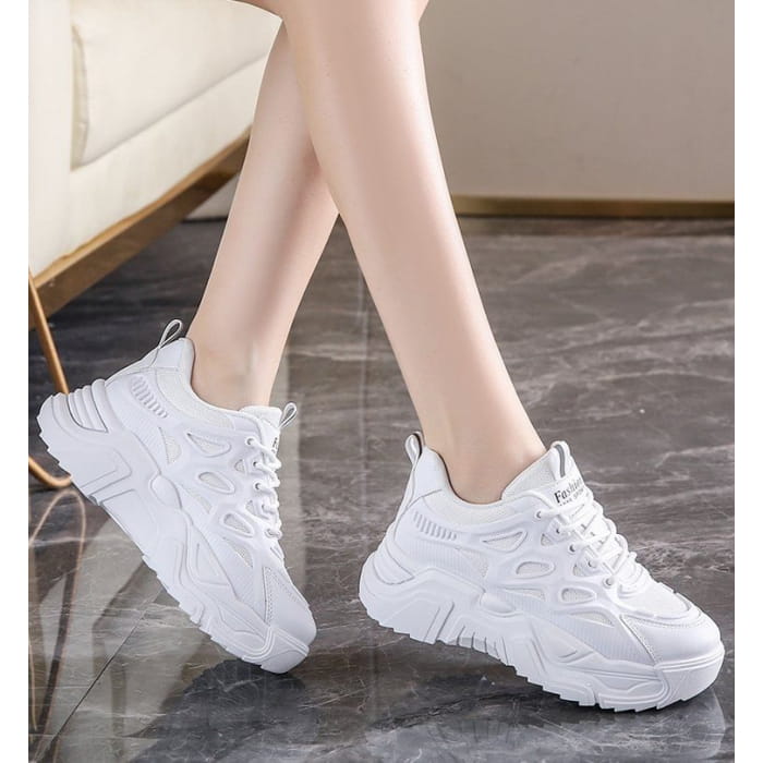 Mesh Panel Lace-Up Platform Sneakers - Shoes