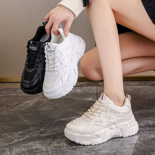 Mesh Panel Lace-Up Platform Sneakers - Shoes