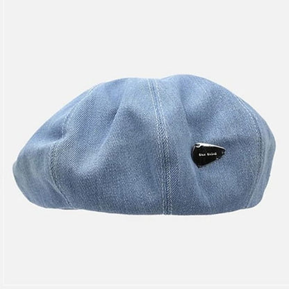 Metal Accent Washed Denim Beret - Tag - Light Blue / M