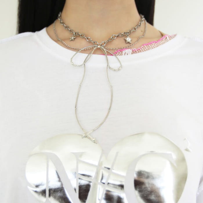 Metal Bow Chain Choker - Standart / Silver - Necklace