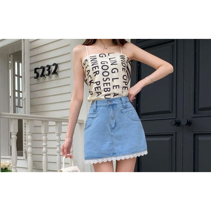 Mid Rise Lace Trim Denim Mini Skirt