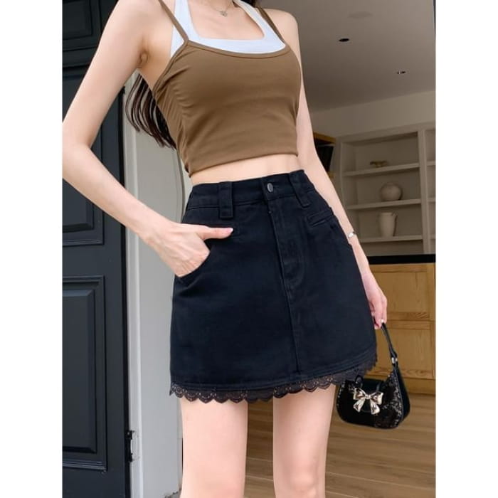 Mid Rise Lace Trim Denim Mini Skirt - Black / S