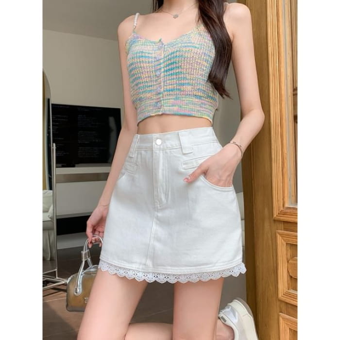 Mid Rise Lace Trim Denim Mini Skirt - White / S