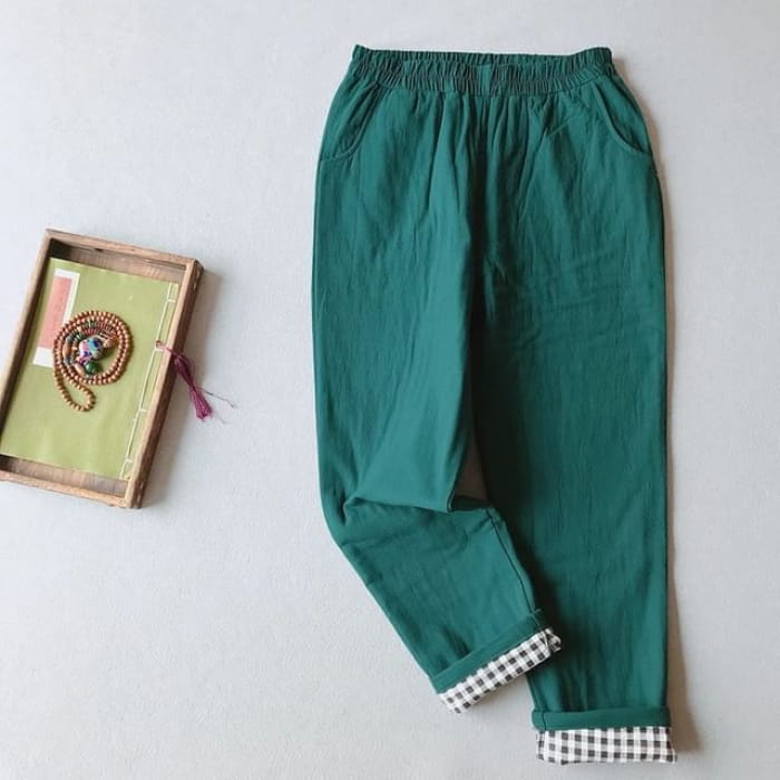 Mid Rise Plain Baggy Pants - Dark Green / M