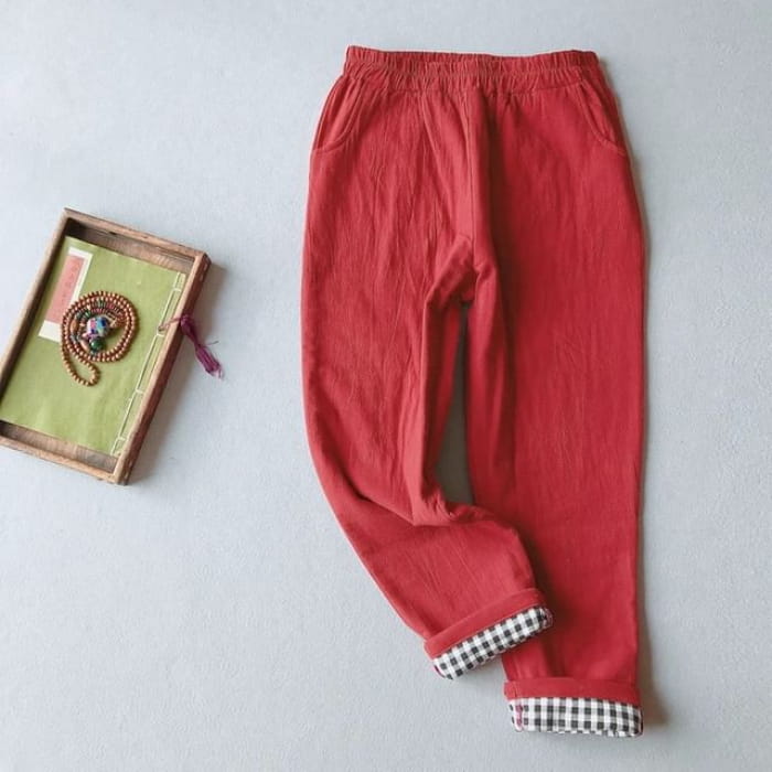 Mid Rise Plain Baggy Pants - Wine Red / M