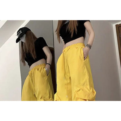 Mid Rise Plain Drawstring Cargo Baggy Pants