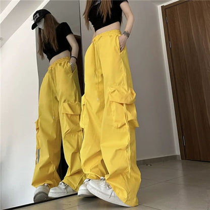 Mid Rise Plain Drawstring Cargo Baggy Pants