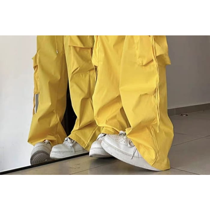 Mid Rise Plain Drawstring Cargo Baggy Pants