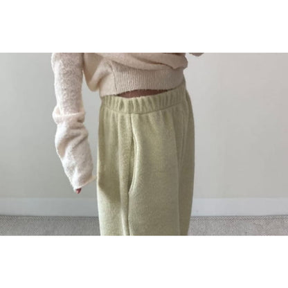 Mid Rise Plain Fleece Wide Leg Sweatpants