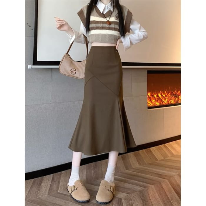 Mid Rise Plain Midi Mermaid Skirt