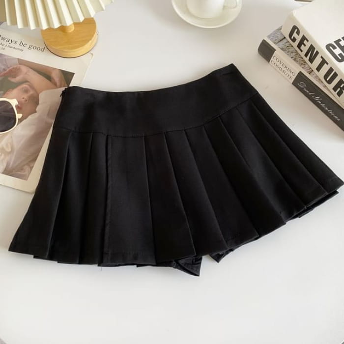 Mid Rise Plain Pleated Mini A-Line Skirt - Black / S