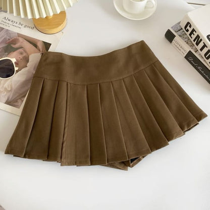 Mid Rise Plain Pleated Mini A-Line Skirt - Coffee / S