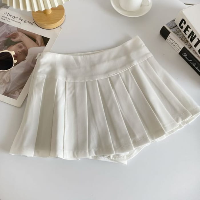 Mid Rise Plain Pleated Mini A-Line Skirt - White / S