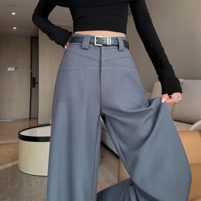 Mid Rise Plain Wide Leg Slacks - Pants