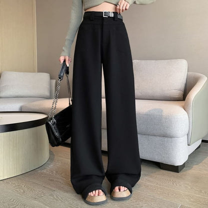 Mid Rise Plain Wide Leg Slacks - Pants