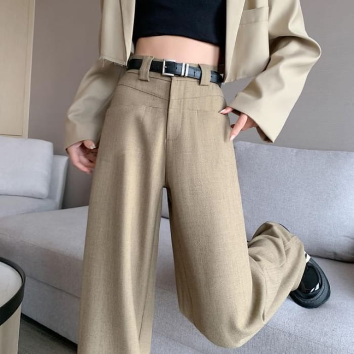 Mid Rise Plain Wide Leg Slacks - Pants