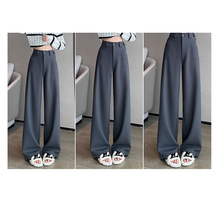 Mid Rise Plain Wide Leg Slacks - Pants