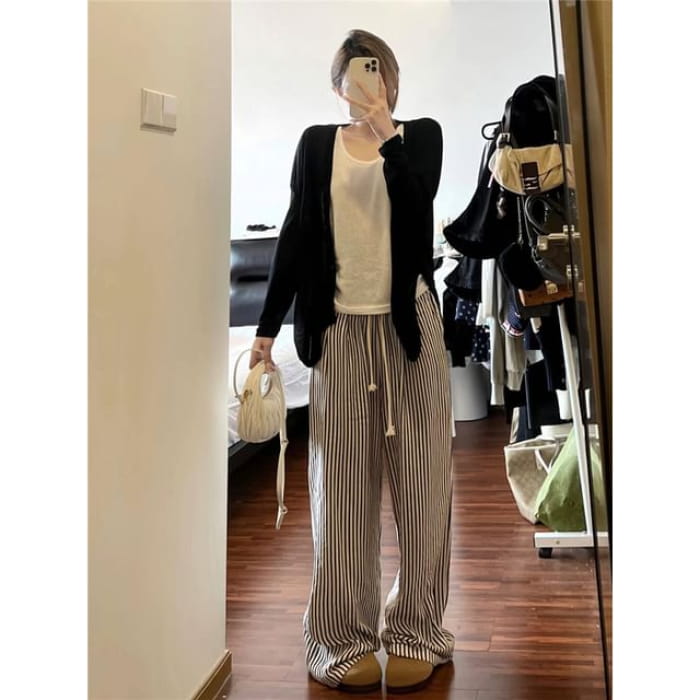 Mid Rise Striped Wide Leg Pants (Various Designs) - Long