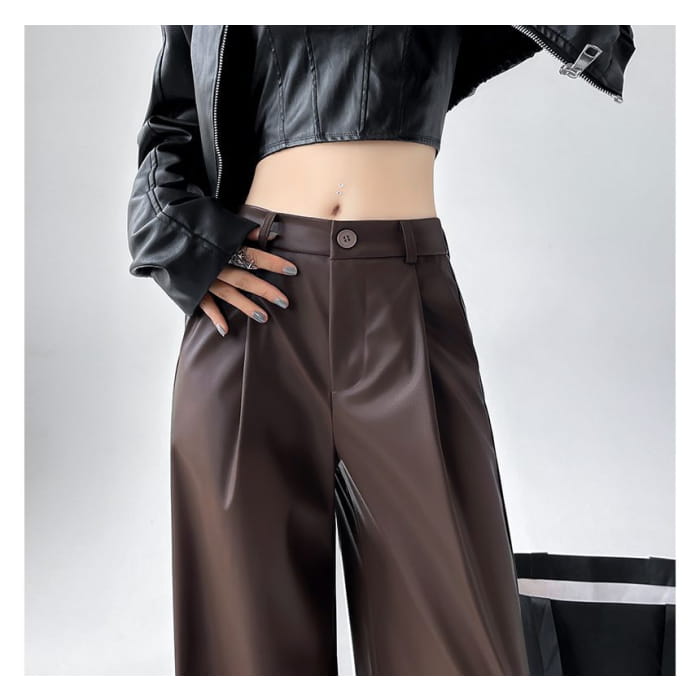 Mid Waist Faux Leather Wide Leg Plain Suit Pants