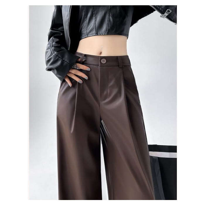 Mid Waist Faux Leather Wide Leg Plain Suit Pants