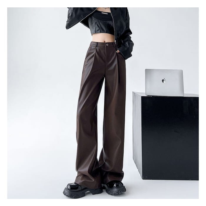 Mid Waist Faux Leather Wide Leg Plain Suit Pants