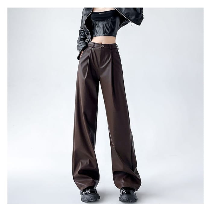 Mid Waist Faux Leather Wide Leg Plain Suit Pants