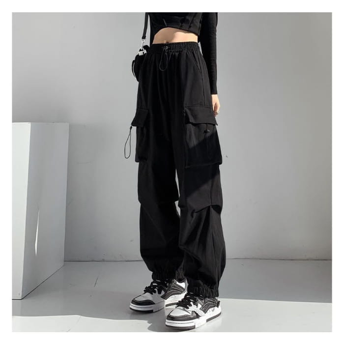 Mid Waist Plain Drawstring Cargo Baggy Pants