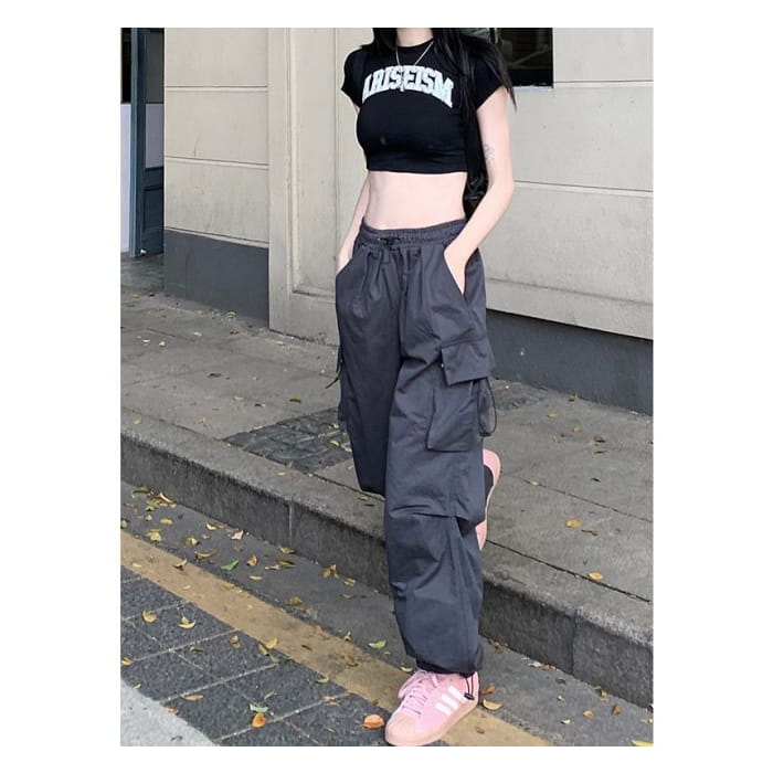 Mid Waist Plain Drawstring Cargo Baggy Pants