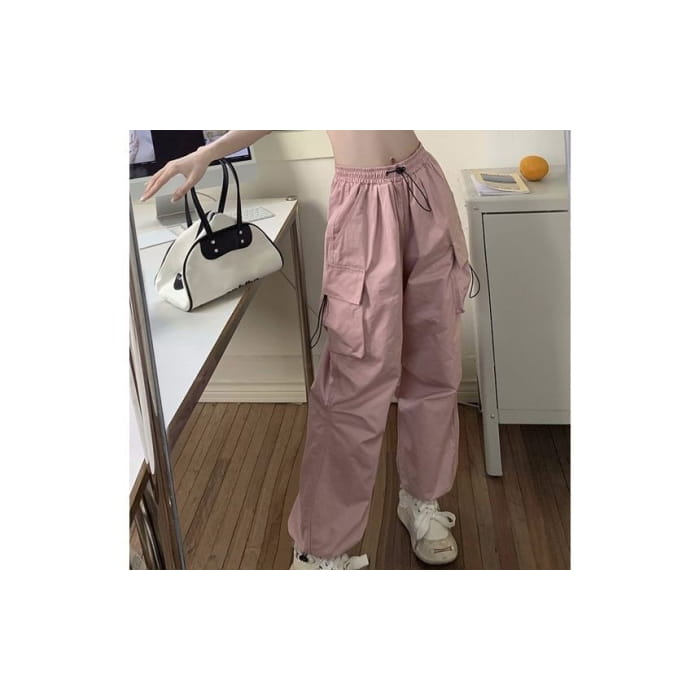 Mid Waist Plain Drawstring Cargo Baggy Pants