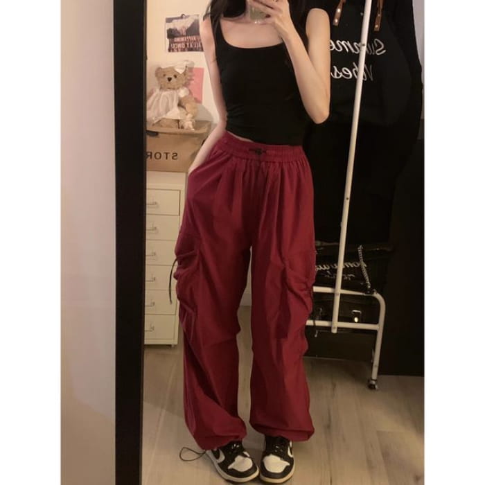 Mid Waist Plain Drawstring Cargo Baggy Pants - Wine Red / S