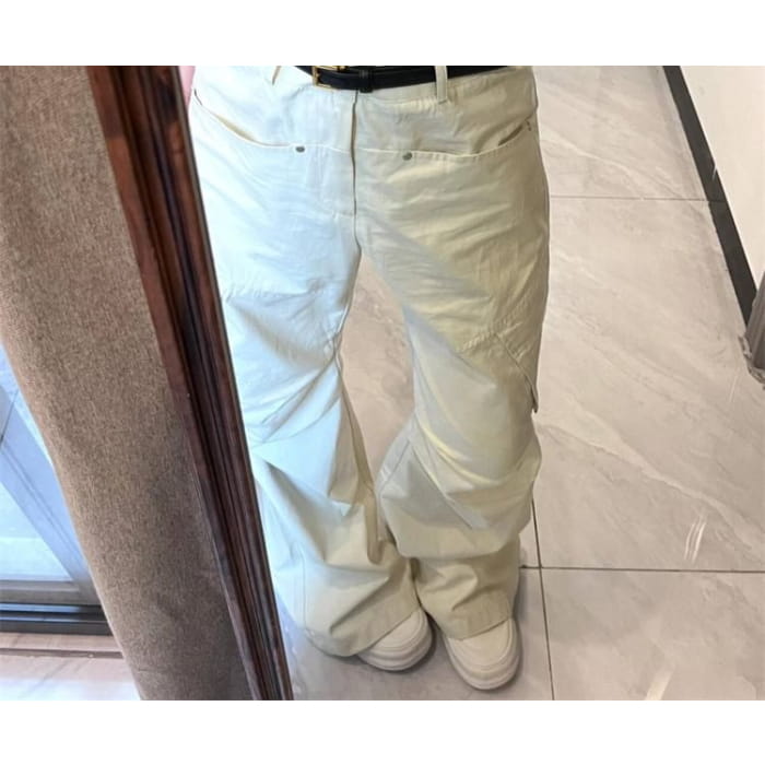 Mid Waist Plain Wide Leg Cargo Pants