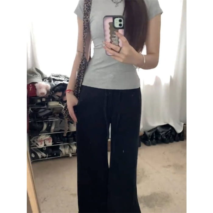 Mid Waist Plain Wide Leg Pants