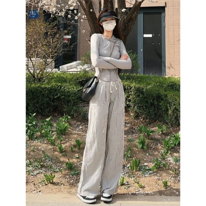 Mid Waist Striped Wide Leg Pants (Various Designs) - Normal