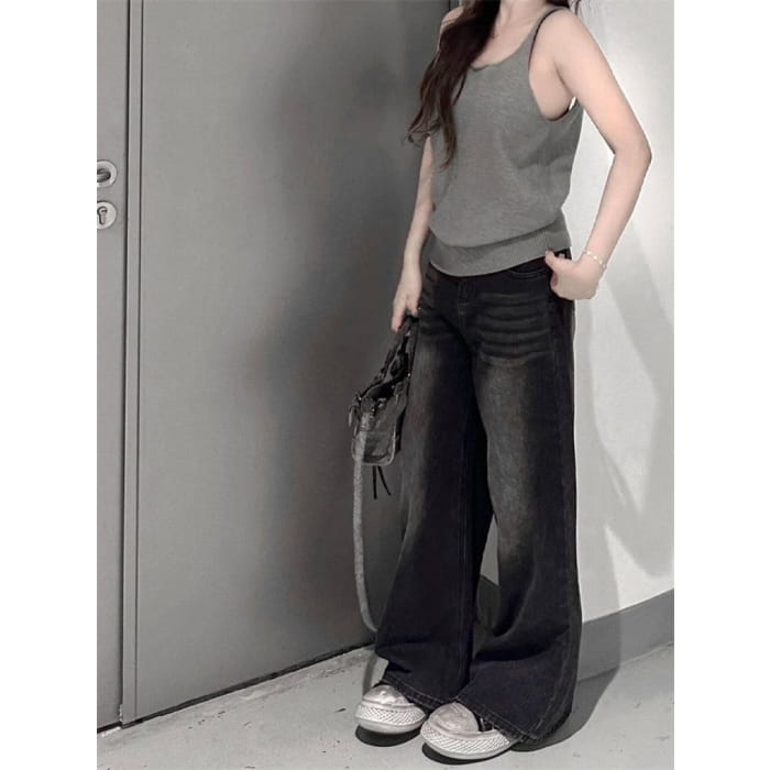 Mid Waist Washed Wide Leg Jeans (Various Designs)